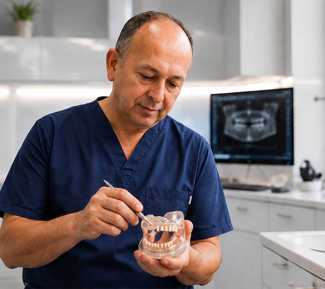 Dr. Escudero examine un modèle dentaire